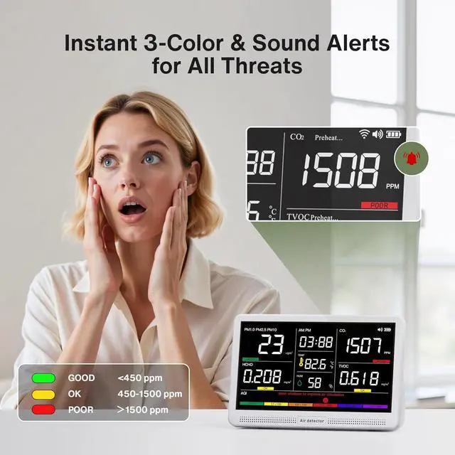 Alt view image 4 of 7 - 16 in 1 Air Quality Monitor Indoor 7" Display 9 AQI+7 AQI Alerts Tester for CO2, TVOC, PM2.5 PM1.0 PM10, HCHO, Temperature Humidity & Time, Meter Home-White by DT