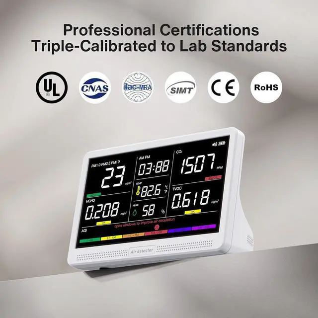 Alt view image 6 of 7 - 16 in 1 Air Quality Monitor Indoor 7" Display 9 AQI+7 AQI Alerts Tester for CO2, TVOC, PM2.5 PM1.0 PM10, HCHO, Temperature Humidity & Time, Meter Home-White by DT