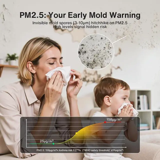 Alt view image 7 of 7 - 16 in 1 Air Quality Monitor Indoor 7" Display 9 AQI+7 AQI Alerts Tester for CO2, TVOC, PM2.5 PM1.0 PM10, HCHO, Temperature Humidity & Time, Meter Home-White by DT