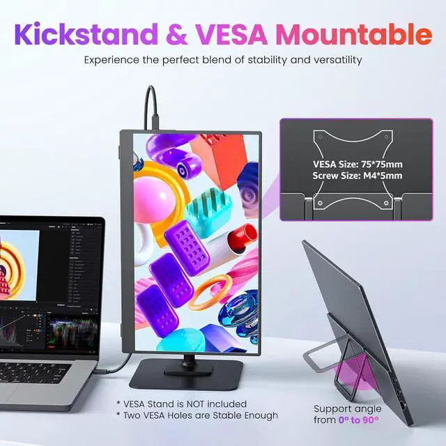 Alt view image 4 of 7 - Portable Monitor 15.6 Inch FHD 1080P HDR IPS Travel with Speakers HDMI Dual USB-C Screen for MacBook Laptop Desktop Surface Xbox PS4 Kickstand, VESA Compatible by DT