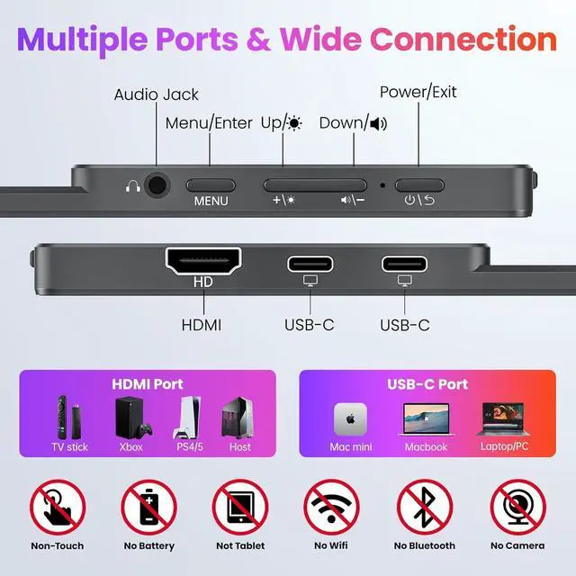 Alt view image 5 of 7 - Portable Monitor 15.6 Inch FHD 1080P HDR IPS Travel with Speakers HDMI Dual USB-C Screen for MacBook Laptop Desktop Surface Xbox PS4 Kickstand, VESA Compatible by DT