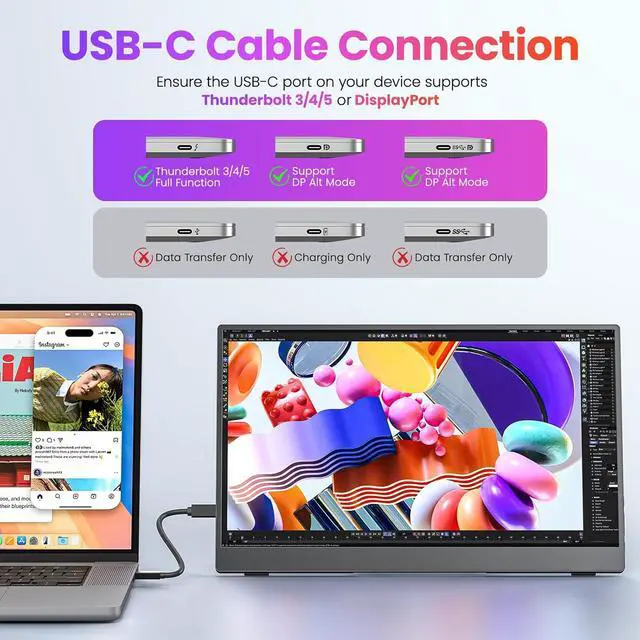 Alt view image 2 of 7 - Portable Monitor 15.6 Inch FHD 1080P HDR IPS Travel with Speakers HDMI Dual USB-C Screen for MacBook Laptop Desktop Surface Xbox PS4 Kickstand, VESA Compatible by DT