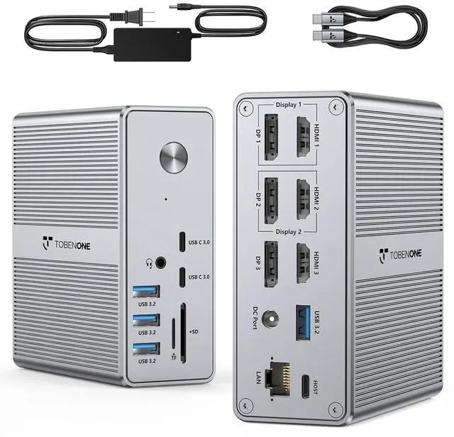 Main image of TobenONE DisplayLink Docking Station Triple Monitor with 120W Power Adapter, Triple 4K Display for MacBook Pro/Air, Thunderbolt 4/3, USB-C Windows(3X HDMI, 3X DP, 2xUSB-C, 4xUSB 3.2, SD/TF)