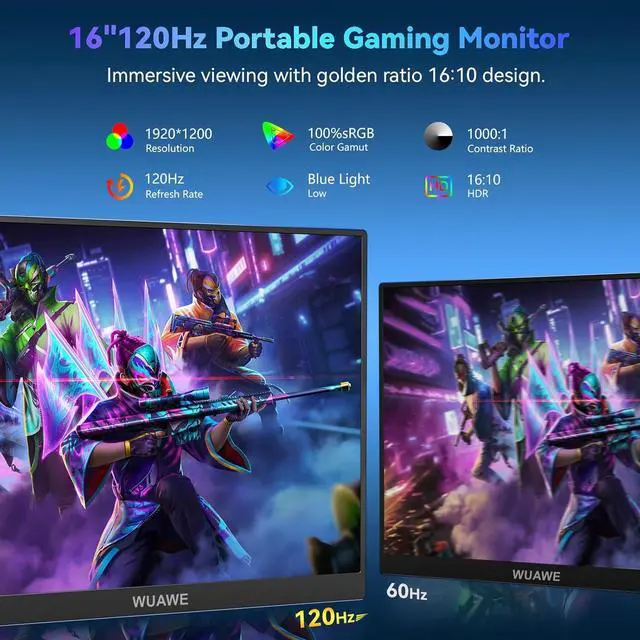 Alt view image 3 of 7 - 16" Portable Monitor, 1200P 120Hz 100% sRGB Gaming Monitor with Built-in Stand, HDR and Freensync, USB C Pc, Switch Ps5 by DT