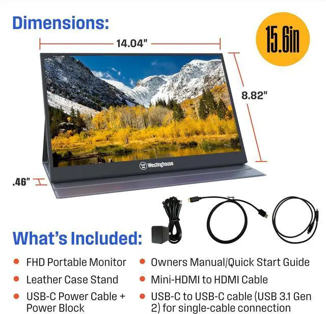 Alt view image 7 of 7 - 15.6 Inch Portable Monitor for Laptop & Travel, 1080p, 60Hz, IPS Display, Full HD Screen with Magnetic Protective Cover, Built in Speakers, 1x Mini HDMI, 1x USB Type-C