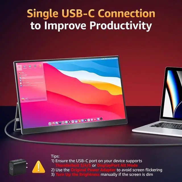Alt view image 2 of 7 - Large Portable Monitor 18.5 inch 1080P FHD 100Hz 125% sRGB HDMI USB-C Computer for Laptop MacBook Xbox PS4/5, Travel External with Kickstand, VESA Compatible by DT