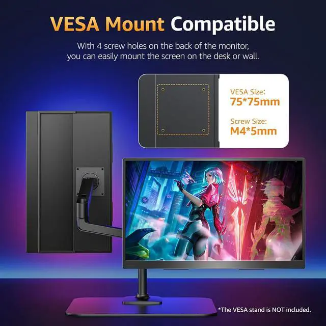 Alt view image 6 of 7 - Large Portable Monitor 18.5 inch 1080P FHD 100Hz 125% sRGB HDMI USB-C Computer for Laptop MacBook Xbox PS4/5, Travel External with Kickstand, VESA Compatible by DT