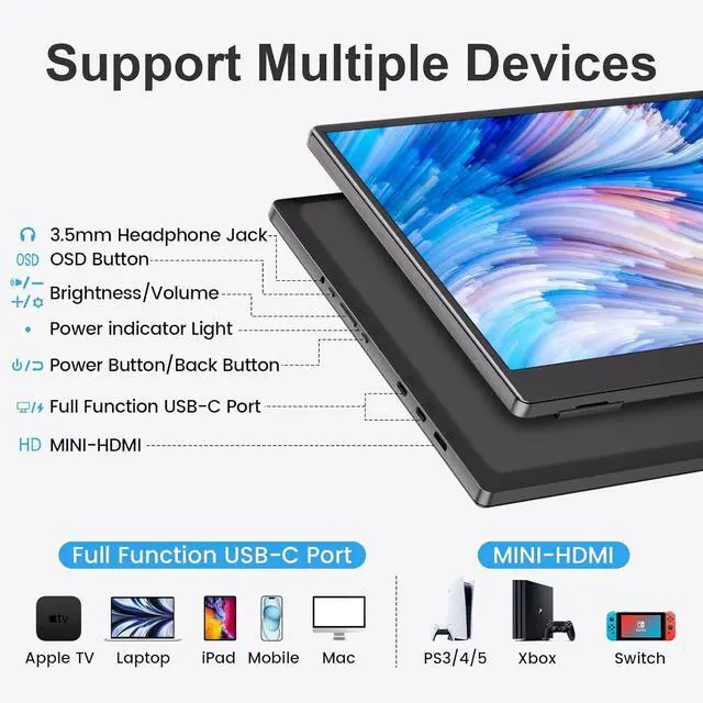 Alt view image 5 of 7 - Portable Monitor 15.6-inch FHD 1080P Ultra-Slim Travel External HDR IPS Gaming Display with Kickstand &Speakers USB-C HDMI Plug&Playfor Laptop PC Phone PS4/5 Xbox Switch by DT