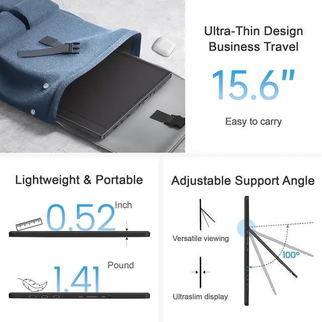 Alt view image 6 of 7 - Portable Monitor 15.6-inch FHD 1080P Ultra-Slim Travel External HDR IPS Gaming Display with Kickstand &Speakers USB-C HDMI Plug&Playfor Laptop PC Phone PS4/5 Xbox Switch by DT