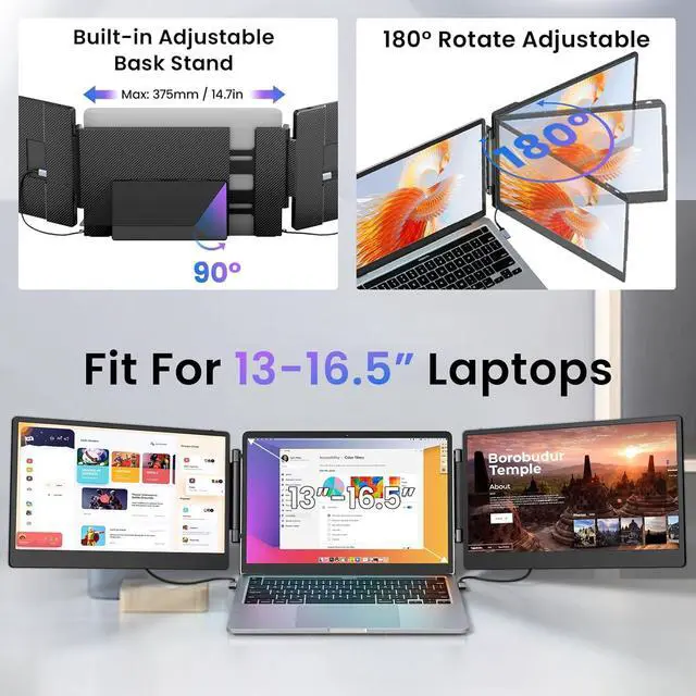 Alt view image 4 of 7 - Laptop Screen Extender, 14" FHD 1080P Triple Portable Monitor for 13"-16.5" with Stand, Dual Monitors Built-in Speakers, Plug & Play, Extender MacOS/Wins/Chrome/Dex by DT