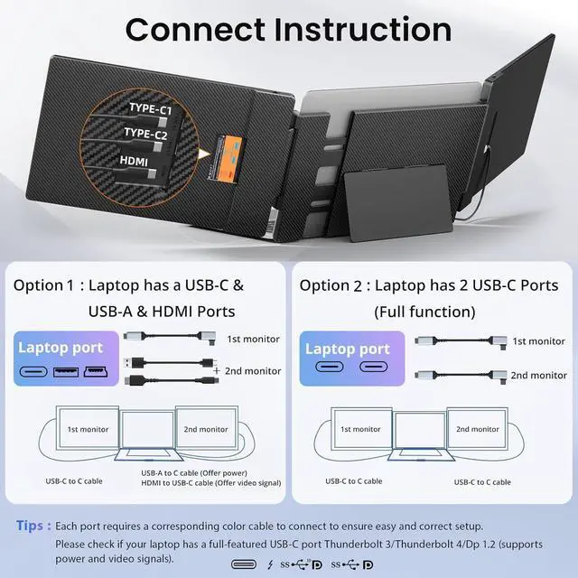 Alt view image 5 of 7 - Laptop Screen Extender, 14" FHD 1080P Triple Portable Monitor for 13"-16.5" with Stand, Dual Monitors Built-in Speakers, Plug & Play, Extender MacOS/Wins/Chrome/Dex by DT