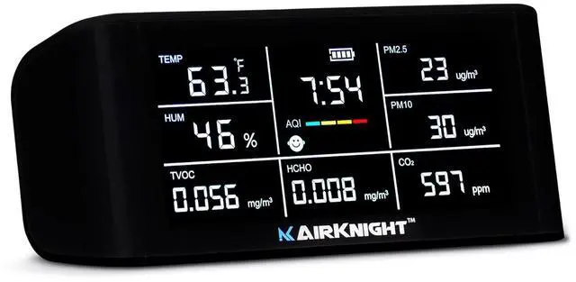 Main image of AirKnight Premium Indoor Air Quality Monitor & Sensor. VOC detector, CO2 Monitor, Formaldehyde Detector HCHO, AQI, PM2.5, PM10 Temperature Humidity AQI Meter Gas Off -