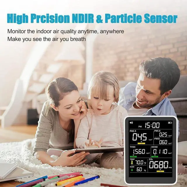 Alt view image 2 of 7 - 9-in-1 Professional Indoor Air Quality Monitor Portable PM2.5/PM10/CO2, Temperature, Formaldehyde Detector, Humidity TVOC,Time Display Tester - Confined Space Clean by DT
