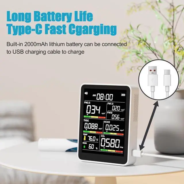 Alt view image 5 of 7 - 9-in-1 Professional Indoor Air Quality Monitor Portable PM2.5/PM10/CO2, Temperature, Formaldehyde Detector, Humidity TVOC,Time Display Tester - Confined Space Clean by DT