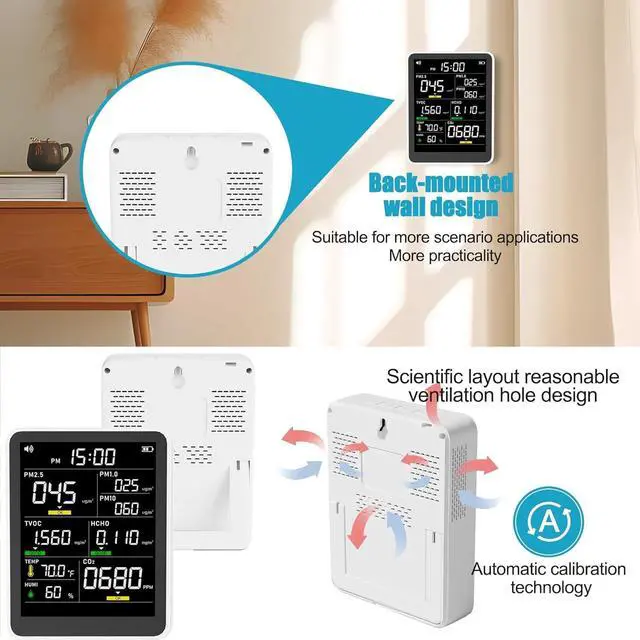 Alt view image 4 of 7 - 9-in-1 Professional Indoor Air Quality Monitor Portable PM2.5/PM10/CO2, Temperature, Formaldehyde Detector, Humidity TVOC,Time Display Tester - Confined Space Clean by DT