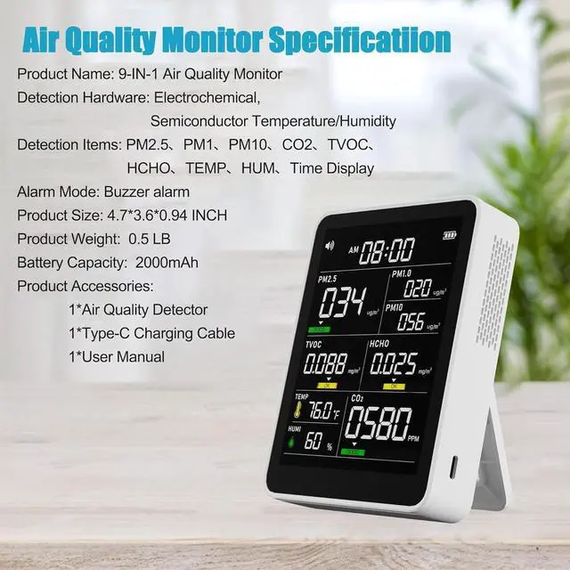 Alt view image 7 of 7 - 9-in-1 Professional Indoor Air Quality Monitor Portable PM2.5/PM10/CO2, Temperature, Formaldehyde Detector, Humidity TVOC,Time Display Tester - Confined Space Clean by DT