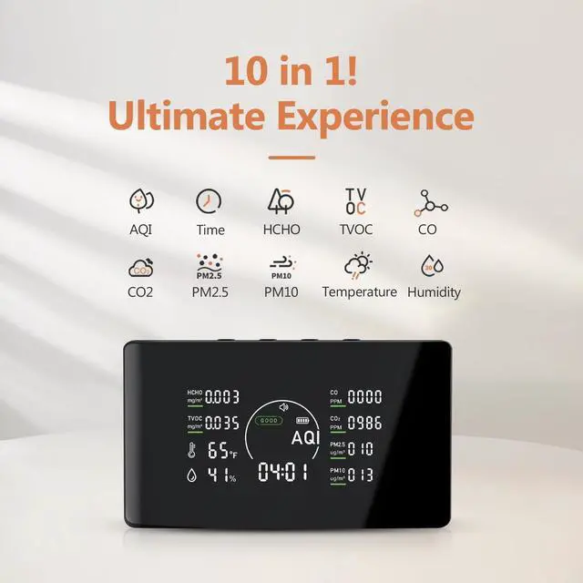 Alt view image 2 of 6 - 10 in 1 Indoor Air Quality Monitor with Portable Sensors for CO2, PM2.5, Temperature & Humidity,VOC Sensor and AQI,Accurate Formaldehyde,CO2 Detector Monocular,Suitable Home,Black E1 by DT