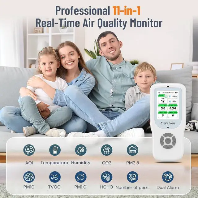Alt view image 2 of 7 - Air Quality Monitor Indoor, 11-in-1 Detector with Stand, Real-Time Meter Test AQI, PM1.0, PM2.5, PM10, CO2, TVOC, HCHO, Particles, Temperature and Humidity Alert -White by DT