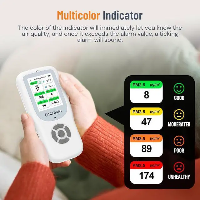 Alt view image 3 of 7 - Air Quality Monitor Indoor, 11-in-1 Detector with Stand, Real-Time Meter Test AQI, PM1.0, PM2.5, PM10, CO2, TVOC, HCHO, Particles, Temperature and Humidity Alert -White by DT