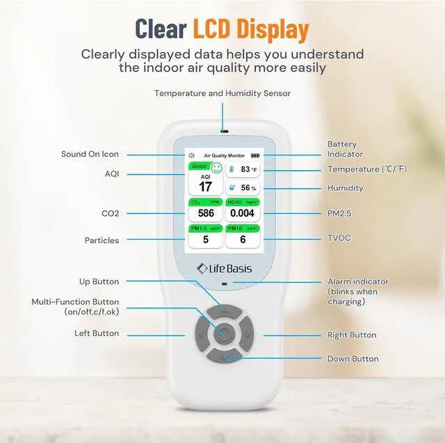 Alt view image 5 of 7 - Air Quality Monitor Indoor, 11-in-1 Detector with Stand, Real-Time Meter Test AQI, PM1.0, PM2.5, PM10, CO2, TVOC, HCHO, Particles, Temperature and Humidity Alert -White by DT