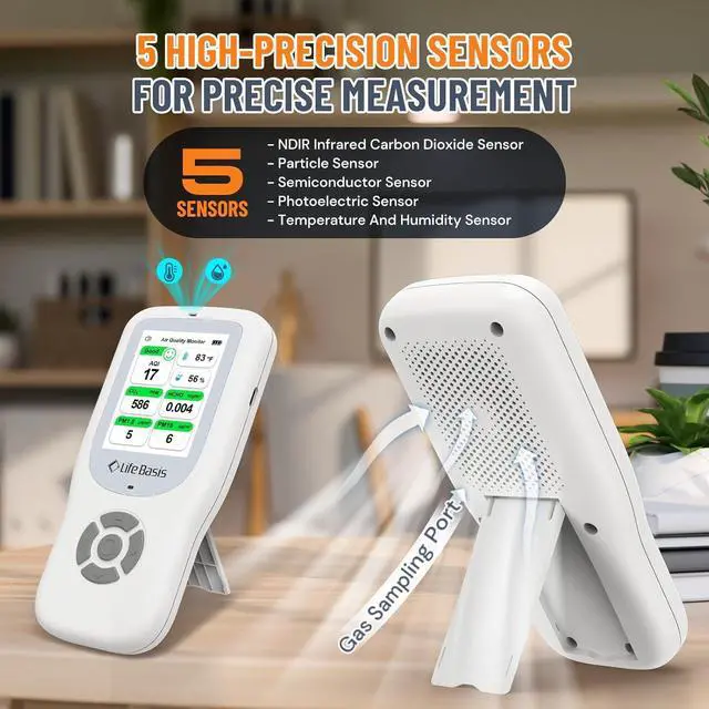 Alt view image 4 of 7 - Air Quality Monitor Indoor, 11-in-1 Detector with Stand, Real-Time Meter Test AQI, PM1.0, PM2.5, PM10, CO2, TVOC, HCHO, Particles, Temperature and Humidity Alert -White by DT