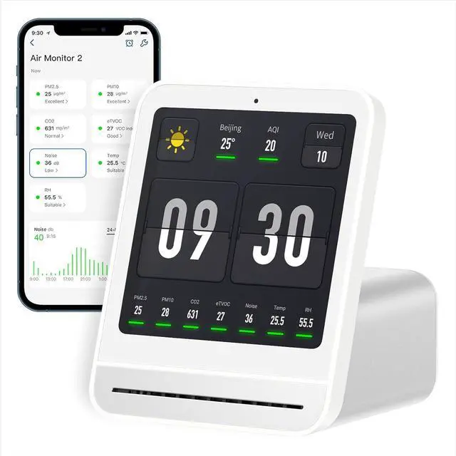 Main image of Air Quality Monitor Gen 2, Indoor Detects PM2.5, CO2, PM10, Noise, Temperature and Humidity, New Upgraded Alarm Clock Function, Tester for Bedroom, Smart Home  White -