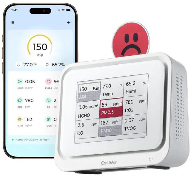 Main image of Air Quality Monitor Indoor, Portable Tester for CO2, CO, PM2.5, PM10, HCHO, TVOC, Temp & Humi, E-Ink Display with 3-Color Emoji Indicators, WiFi App Control, Meter Home/Office by DT