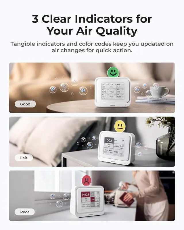 Alt view image 5 of 7 - Air Quality Monitor Indoor, Portable Tester for CO2, CO, PM2.5, PM10, HCHO, TVOC, Temp & Humi, E-Ink Display with 3-Color Emoji Indicators, WiFi App Control, Meter Home/Office by DT