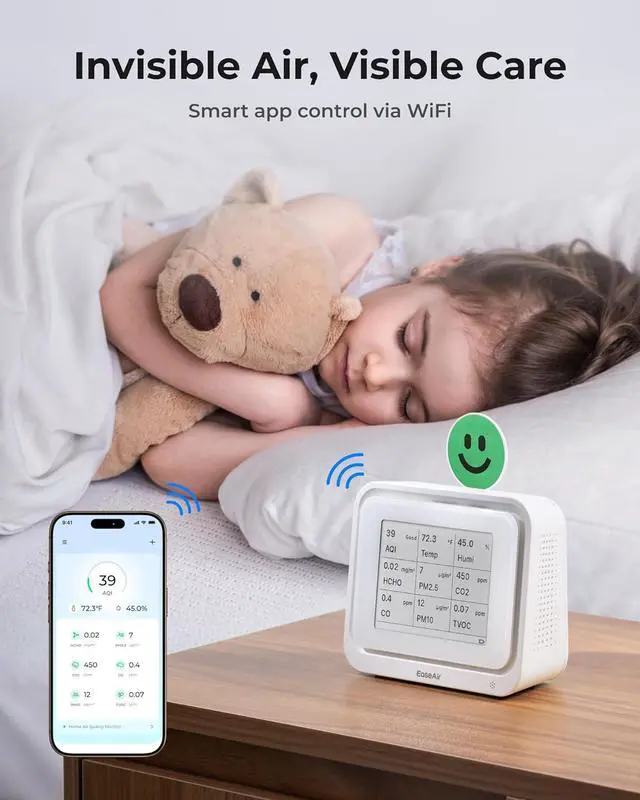 Alt view image 6 of 7 - Air Quality Monitor Indoor, Portable Tester for CO2, CO, PM2.5, PM10, HCHO, TVOC, Temp & Humi, E-Ink Display with 3-Color Emoji Indicators, WiFi App Control, Meter Home/Office by DT