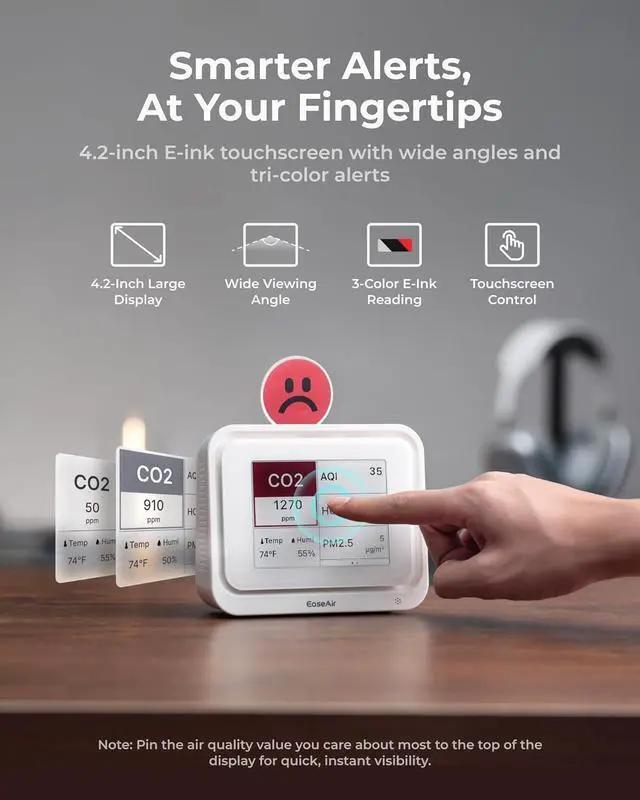 Alt view image 4 of 7 - Air Quality Monitor Indoor, Portable Tester for CO2, CO, PM2.5, PM10, HCHO, TVOC, Temp & Humi, E-Ink Display with 3-Color Emoji Indicators, WiFi App Control, Meter Home/Office by DT