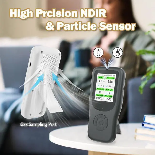 Alt view image 3 of 7 - 11-in-1 Air Quality Monitor - Portable Indoor Detector with Stand, Real-Time Test for AQI, CO2, PM2.5, PM1.0, PM10, TVOC, HCHO, Particles, Temperature & Humidity Aler (Black-White) by DT