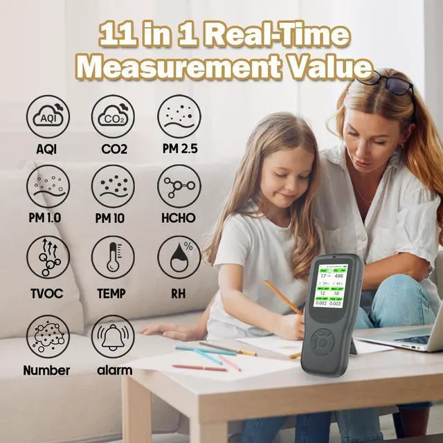 Alt view image 2 of 7 - 11-in-1 Air Quality Monitor - Portable Indoor Detector with Stand, Real-Time Test for AQI, CO2, PM2.5, PM1.0, PM10, TVOC, HCHO, Particles, Temperature & Humidity Aler (Black-White) by DT
