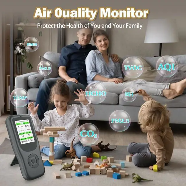 Alt view image 7 of 7 - 11-in-1 Air Quality Monitor - Portable Indoor Detector with Stand, Real-Time Test for AQI, CO2, PM2.5, PM1.0, PM10, TVOC, HCHO, Particles, Temperature & Humidity Aler (Black-White) by DT