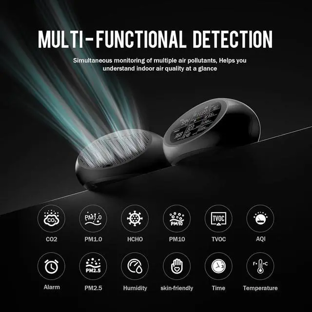 Alt view image 2 of 7 - 12 in 1 Portable Air Quality Monitor Indoor for Home, Dual Tester with Temperature, Humidity, Time Display, CO2 Detector Meter TVOC, PM2.5, PM1.0, PM10 by DT