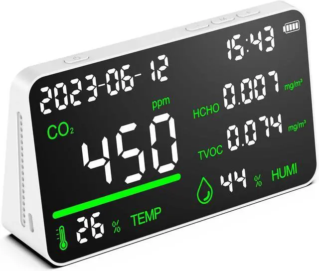 Main image of 7-in-1 Air Quality Monitor, Indoor Humidity Monitor, Temperature, CO2, TVOC, HCHO, Time, Date Display Desktop Air Quality Tester, Air Quality Meters for Home Office Hotel Restaurant School