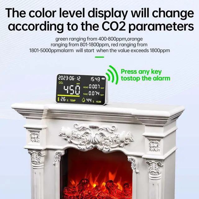 Alt view image 7 of 7 - 7-in-1 Air Quality Monitor, Indoor Humidity Monitor, Temperature, CO2, TVOC, HCHO, Time, Date Display Desktop Air Quality Tester, Air Quality Meters for Home Office Hotel Restaurant School