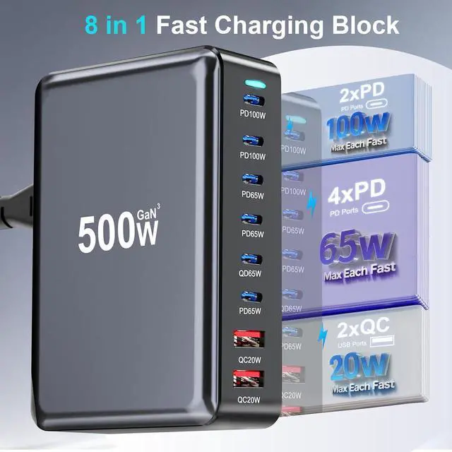 Alt view image 3 of 7 - 500W USB C Charger Block, 8-Port Fast Charging Station Dual PD 100W GaN  Pro For Multiple Devices, Laptop Adapter Compatible with MacBook, DELL, iPad, iPhone,  etc by DT