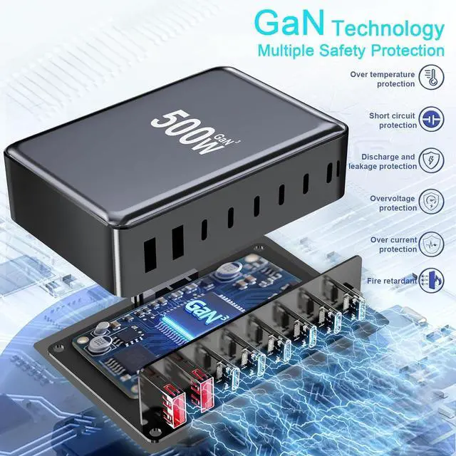 Alt view image 5 of 7 - 500W USB C Charger Block, 8-Port Fast Charging Station Dual PD 100W GaN  Pro For Multiple Devices, Laptop Adapter Compatible with MacBook, DELL, iPad, iPhone,  etc by DT