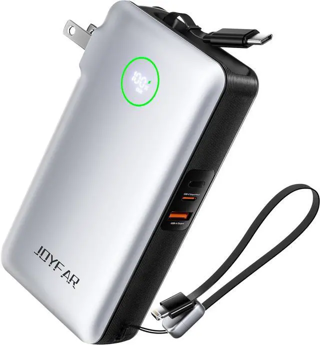 Main image of Portable Charger Power Bank - Battery Pack 35W AC Plug GaN 10000mAh Built in Cable USB C Phone Fast Charging Powerbank Compatible with iPhone 16 15 14 13 12 11 X iPad MacBook  (White) by DT