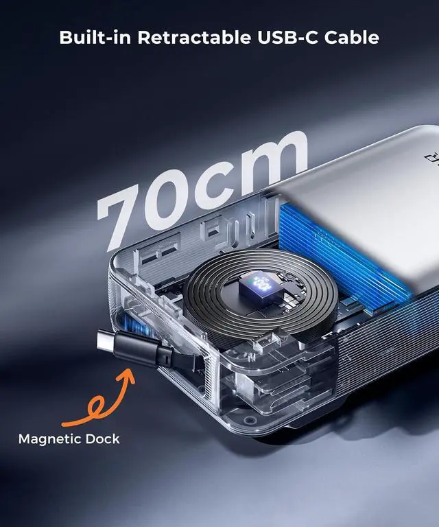 Alt view image 3 of 7 - Portable Charger Power Bank - Battery Pack 35W AC Plug GaN 10000mAh Built in Cable USB C Phone Fast Charging Powerbank Compatible with iPhone 16 15 14 13 12 11 X iPad MacBook  (White) by DT