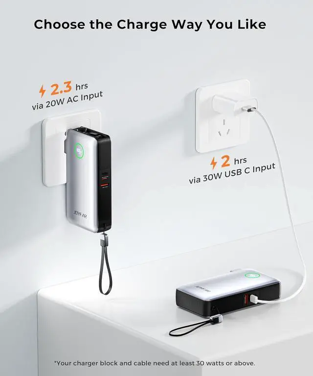 Alt view image 7 of 7 - Portable Charger Power Bank - Battery Pack 35W AC Plug GaN 10000mAh Built in Cable USB C Phone Fast Charging Powerbank Compatible with iPhone 16 15 14 13 12 11 X iPad MacBook  (White) by DT