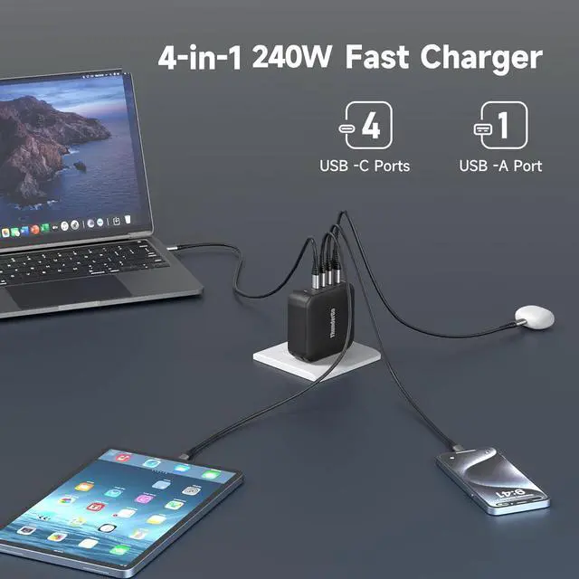 Alt view image 3 of 6 - 240W GaN Charger, 4-Port USB C Fast Charging Station with 140W Max PD 3.1 Port, Compact Travel Wall Adapter for MacBook Pro/Air M3/M2/M1, Laptops, iPhone 15/14, Galaxy S24/S23, iPad, Steam Deck by DT