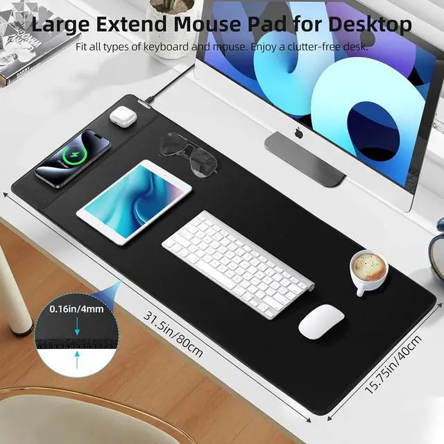 Alt view image 3 of 7 - Mouse Pad with Wireless Charging, Gaming Ultra-Smooth Surface, Large XXL Desk Mat, Non-Slip Waterproof Computer Keyboard for Gaming, Desk, Office, PC, 800x400x4MM, Black by DT