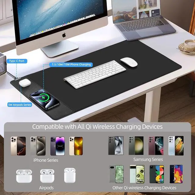 Alt view image 7 of 7 - Mouse Pad with Wireless Charging, Gaming Ultra-Smooth Surface, Large XXL Desk Mat, Non-Slip Waterproof Computer Keyboard for Gaming, Desk, Office, PC, 800x400x4MM, Black by DT