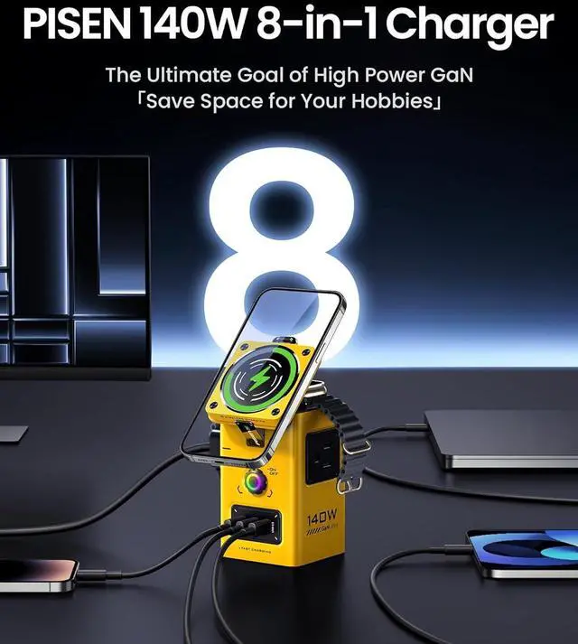 Alt view image 4 of 7 - 8-in-1 Mag-Safe Charger Stand - 140W Charging Station for Multiple Devices Magnetic Qi2 Wireless iPhone 16/15/14/13/12, Apple Watch (Yellow) by DT