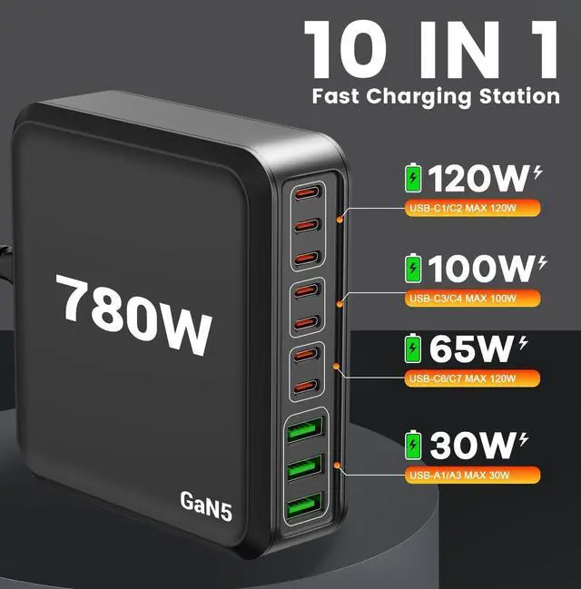 Alt view image 4 of 7 - 780W USB C Charger Block Fast 10-Port USB C Charging Station GaN PD 120W Laptop Charger Adapter for MacBook Pro/Air  iPad iPhone  Galaxy
