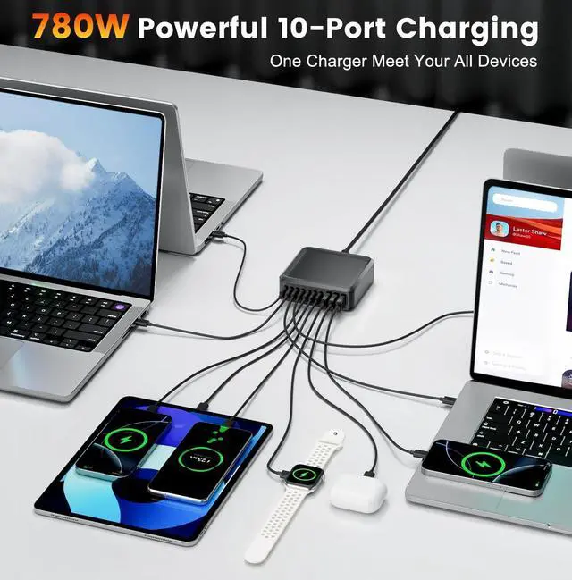Alt view image 6 of 7 - 780W USB C Charger Block Fast 10-Port USB C Charging Station GaN PD 120W Laptop Charger Adapter for MacBook Pro/Air  iPad iPhone  Galaxy