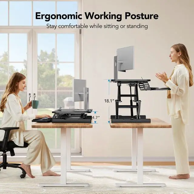 Alt view image 3 of 7 - Standing Desk Converter, 32 Sit to Stand with Keyboard Tray, Height Adjustable Up Riser for Home Office, Dual Monitor and Laptop Workstation, Black by DT