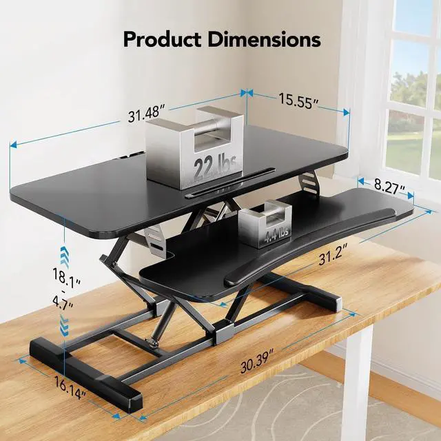 Alt view image 4 of 7 - Standing Desk Converter, 32 Sit to Stand with Keyboard Tray, Height Adjustable Up Riser for Home Office, Dual Monitor and Laptop Workstation, Black by DT