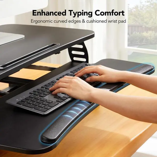 Alt view image 5 of 7 - Standing Desk Converter, 32 Sit to Stand with Keyboard Tray, Height Adjustable Up Riser for Home Office, Dual Monitor and Laptop Workstation, Black by DT